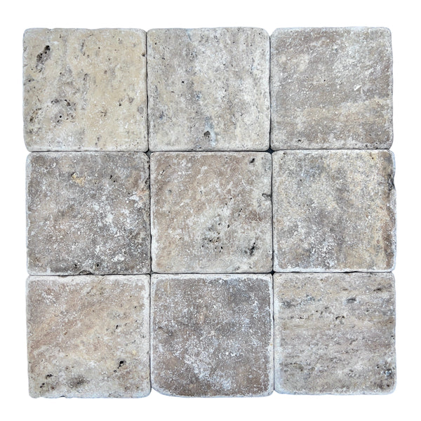 Silver Travertine Tumbled Natural Stone Square Tile 100x100mm