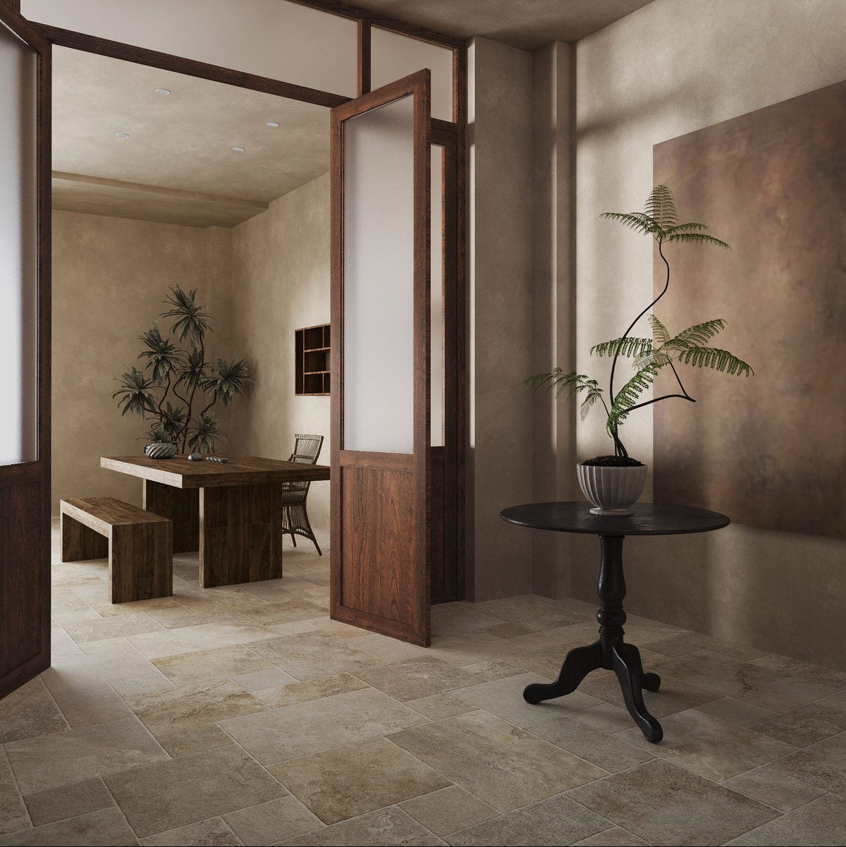 Noosa French Pattern Travertine Look Ivory Matt Porcelain Tile