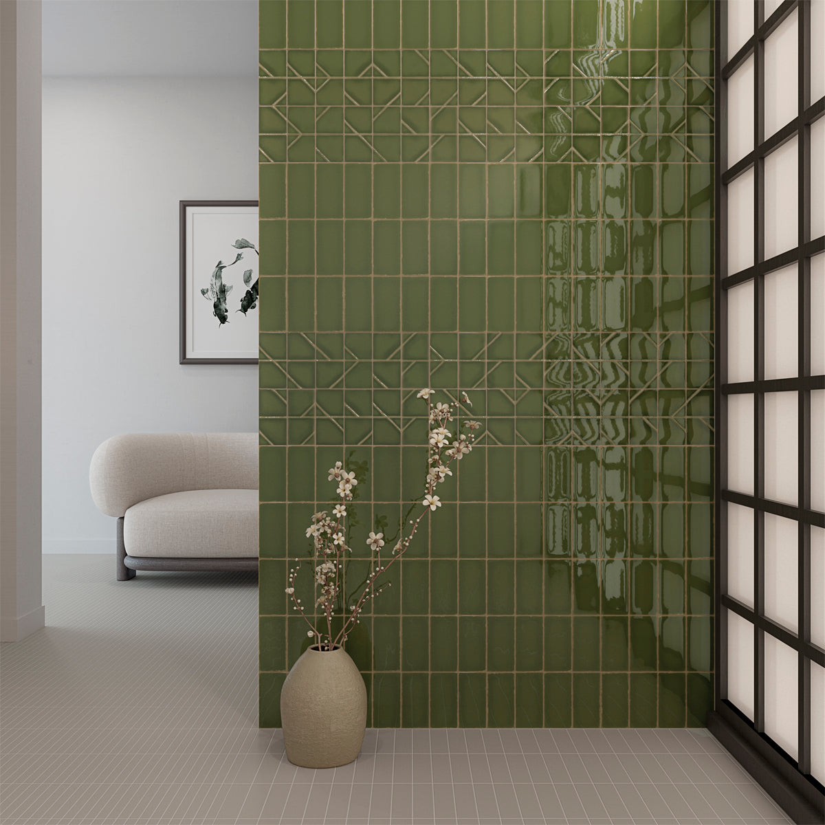 Yoko Origami Moss Gloss Ceramic Wall Tile 62.5x125mm
